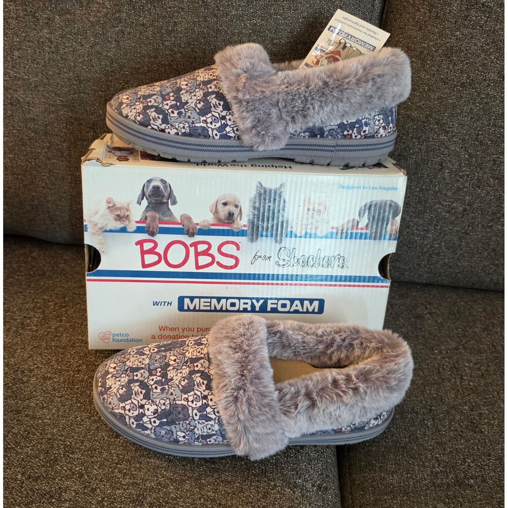 Skechers BOBS Too Cozy Woof Lodge Dog Print Slippers Navy Multi 113480 Womens 6